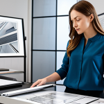 A professional female interior designer, fully clothed in a modest business casual outfit, stands attentively in a modern, well-organized design studio. She is holding a tablet, displaying a complex 3D architectural rendering, while her other hand gestures towards a large desk covered with physical material samples, fabric swatches, and detailed blueprint sketches. Her expression conveys deep thought and determination, reflecting the intricate balance between creative vision and the practicalities of budget constraints and technical challenges. The background shows an environment filled with design tools, concept boards, and architectural models, emphasizing a high-stakes, professional workflow. safe for work, appropriate content, fully clothed, professional dress, perfect anatomy, correct proportions, natural pose, well-formed hands, proper finger count, natural body proportions, high quality, detailed studio photography.