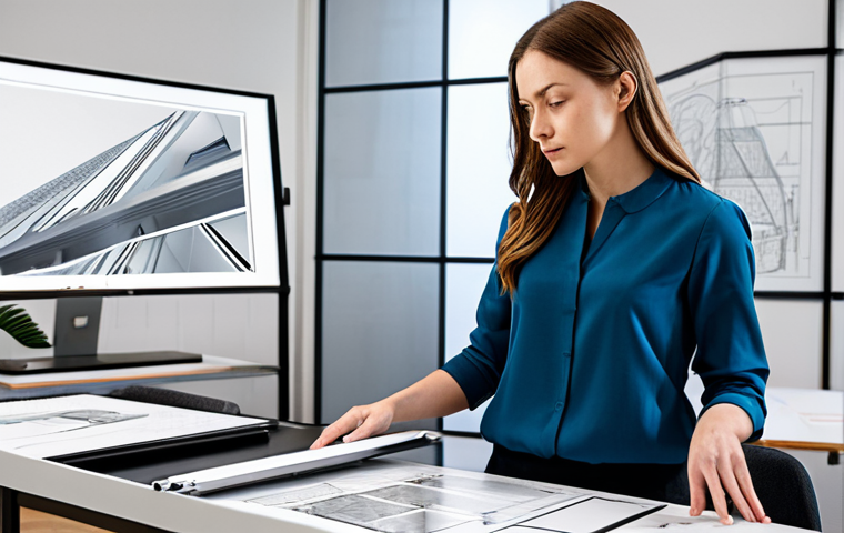 A professional female interior designer, fully clothed in a modest business casual outfit, stands attentively in a modern, well-organized design studio. She is holding a tablet, displaying a complex 3D architectural rendering, while her other hand gestures towards a large desk covered with physical material samples, fabric swatches, and detailed blueprint sketches. Her expression conveys deep thought and determination, reflecting the intricate balance between creative vision and the practicalities of budget constraints and technical challenges. The background shows an environment filled with design tools, concept boards, and architectural models, emphasizing a high-stakes, professional workflow. safe for work, appropriate content, fully clothed, professional dress, perfect anatomy, correct proportions, natural pose, well-formed hands, proper finger count, natural body proportions, high quality, detailed studio photography.