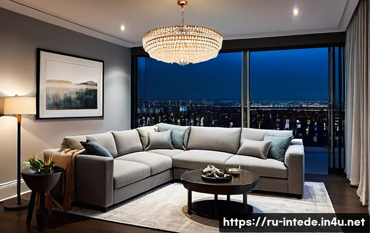 인테리어 디자인에서 효과적인 조명 사용법 - **Cozy Living Room Evening Ambiance**
    A warmly lit, inviting living room during the evening. The...