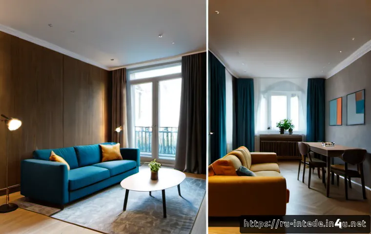 실내 건축과 인테리어 차이점 - Photorealistic split-view of a modern Moscow apartment renovation, left side showing interior archit...
